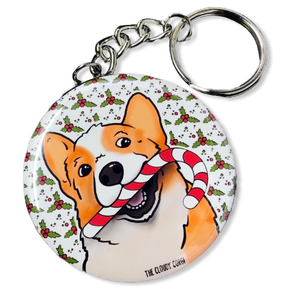 Corgi Dog Candy Cane Christmas Keychain